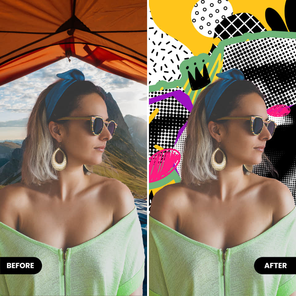 Remove background from photos in BeautyPlus editor before vs after